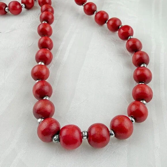 Vibrant Red Wood Beaded Statement Necklace - Picture 2 of 3